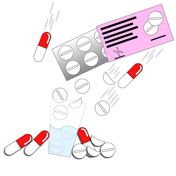 Таблетки и капсулы разного цвета попадают в стекло, отдельные элементы, лекарства на белом фоне — стоковое фото