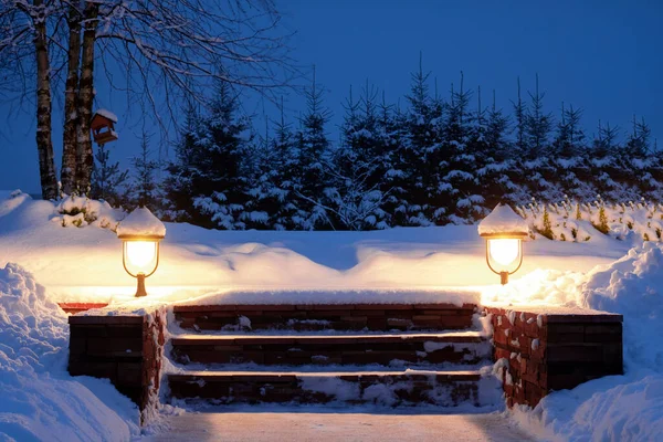Prachtige avond winterlandschap van straatlantaarns, veel sneeuw — Stockfoto