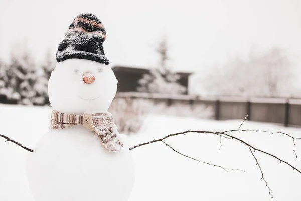 Kış günü şapkalı ve eşarplı bir kardan adam.. — Stok fotoğraf