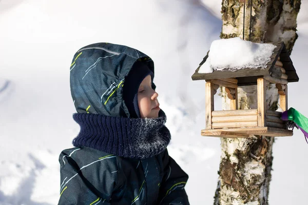 Küçük Bir Çocuk Kuş Evine Bakıyor Kış Günü — Stok fotoğraf