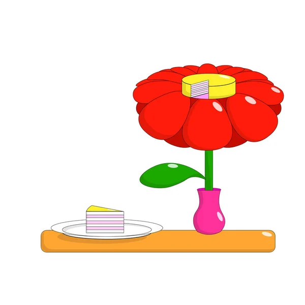 Red Flower Vase Piece Cake Pink Filling — стоковый вектор