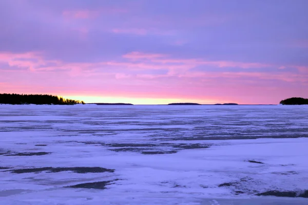 Winter Landscape Lake Ladoga Lot Ice Fiery Sunset Dawn Sky Stock Photo