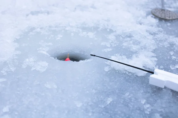 Pesca Olfateada Lago Congelado Caña Pescar Primer Plano Del Agujero —  Fotos de Stock