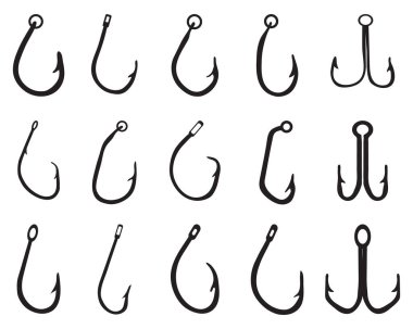 Black silhouettes of fishing hooks on a white background clipart