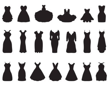 Black silhouettes of different cocktail dresses  on a white background