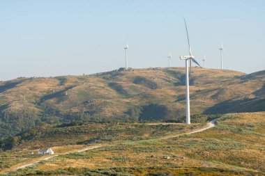 Wind turbines eolic renewable energy in Fafe landscape, Portugal