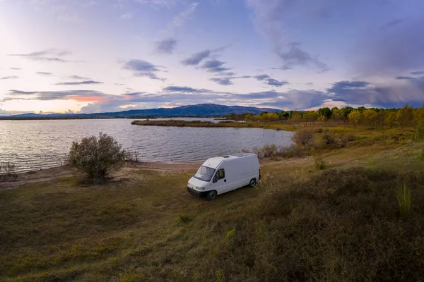 Lake Drone Aerial View Camper Van Solar Panel Living Van — Stock Fotó