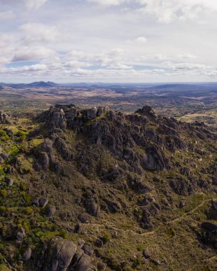 Drone aerial panorama view of Monsanto castle historic village, in Portugal