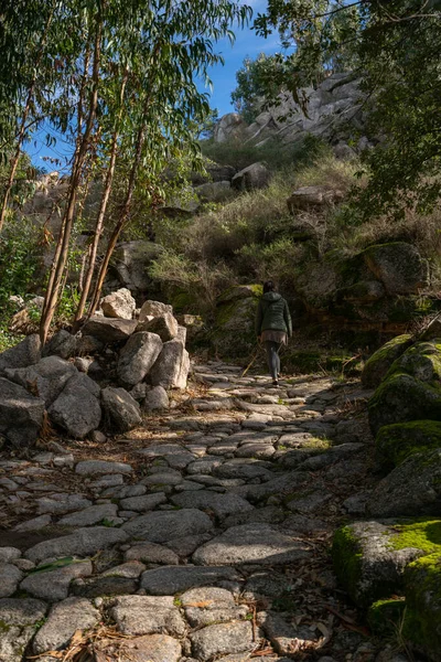 Caucasian Woman Walking Hiking Stone Path Trees Nature Landscape Green — Foto de Stock