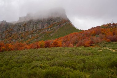 İspanya 'nın Puerto de Panderrueda bölgesindeki Picos de Europa ulusal parkında sonbaharda bulutlu bir günde