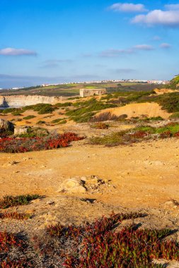 Ericeira Milreu Kalesi güneşli bir günde Portekiz 'de kurak bir manzara üzerine