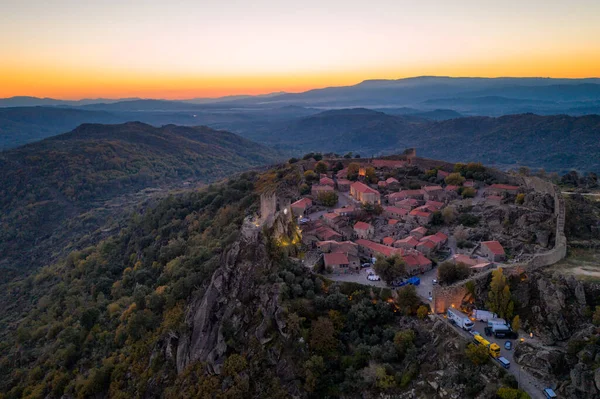 Drone Aerial Panorama Sortelha Historic Village Sunset Lights Castle Eolic — Stock Photo, Image