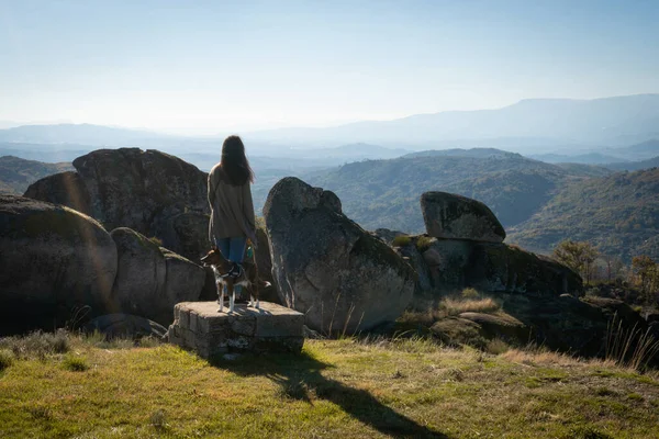 Кавказька Молода Жінка Коричневим Собакою Камені Валуна Бачить Гірський Ландшафт — стокове фото