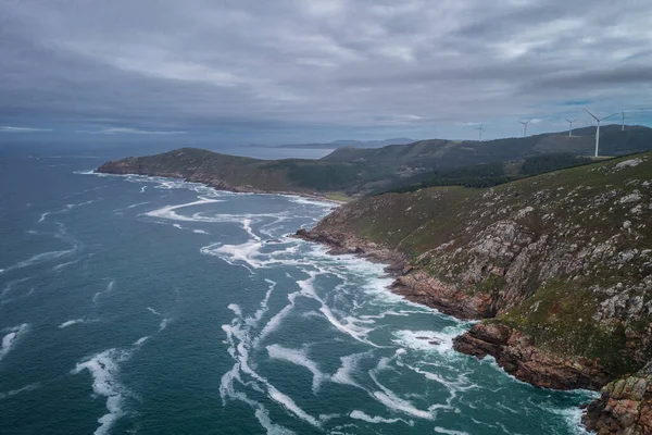 Drone Antenn Panoramautsikt Över Moreira Stranden Och Grönt Landskap Galicien — Stockfoto