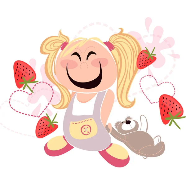 Cute girl with bear on the yogurt and strawberry background — Stock Vector