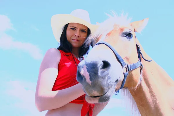 Joven mujer cuidando de su caballo —  Fotos de Stock