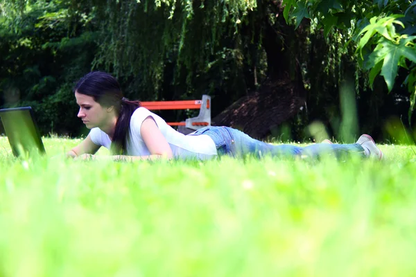 Schöne junge Studentin mit Laptop auf Gras — Stockfoto