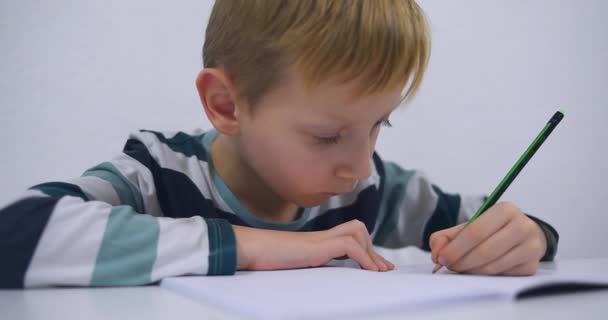 Uczeń Ćwiczący Pisanie Alfabetu Domu Chłopiec Pisze Praca Domowa — Wideo stockowe