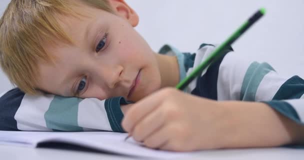 School Boy Practicing Writing Alphabet Home Boy Child Kid Writing — Stockvideo