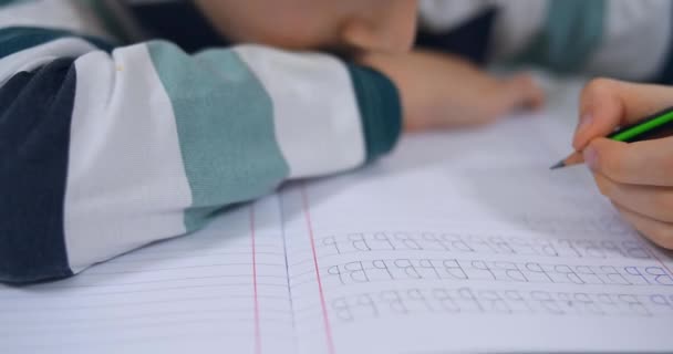 School Boy Practicing Writing Alphabet Home Boy Child Kid Writing — стоковое видео