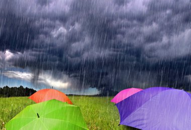 Color Umbrellas in Rainy Storm Clouds clipart