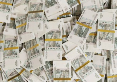 Beyaz bir zemin üzerine saçılmış Rus nakit veya banknotları izole Ekonomi, Finans, Arka plan, haber, sosyal medya konsepti ve para dokusu 3d 10 Ruble