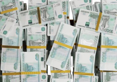 Beyaz bir zemin üzerine saçılmış Rus nakit veya banknotları izole Ekonomi, Finans, Arka plan, haber, sosyal medya ve para dokusu konsepti 3d 1000 Ruble
