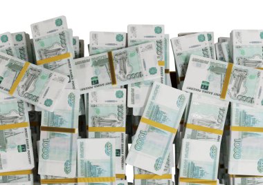 Beyaz bir zemin üzerine saçılmış Rus nakit veya banknotları izole Ekonomi, Finans, Arka plan, haber, sosyal medya ve para dokusu konsepti 3d 1000 Ruble