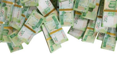 Beyaz bir zemin üzerine saçılmış Rus nakit veya banknotları izole Ekonomi, Finans, Arka plan, haber, sosyal medya ve para dokusu konsepti 3d 200 Ruble