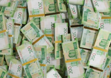 Beyaz bir zemin üzerine saçılmış Rus nakit veya banknotları izole Ekonomi, Finans, Arka plan, haber, sosyal medya ve para dokusu konsepti 3d 200 Ruble