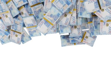 Beyaz bir zemin üzerine saçılmış Rus nakit veya banknotları izole Ekonomi, Finans, Arka plan, haber, sosyal medya ve para dokusu konsepti 3d Rending 2000 Rubl