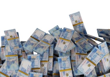 Beyaz bir zemin üzerine saçılmış Rus nakit veya banknotları izole Ekonomi, Finans, Arka plan, haber, sosyal medya ve para dokusu konsepti 3d Rending 2000 Rubl