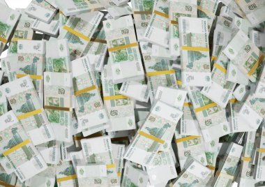 Beyaz bir zemin üzerine saçılmış Rus nakit veya banknotları izole Ekonomi, Finans, Arka plan, haber, sosyal medya konsepti ve paranın dokusu 3 d 5 Ruble
