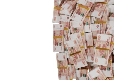 Beyaz bir zemin üzerine saçılmış Rus nakit veya banknotları izole Ekonomi, Finans, Arka plan, haber, sosyal medya konsepti ve para dokusu 3d 5000 Ruble