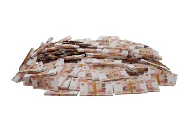 Beyaz bir zemin üzerine saçılmış Rus nakit veya banknotları izole Ekonomi, Finans, Arka plan, haber, sosyal medya konsepti ve para dokusu 3d 5000 Ruble