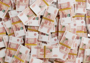 Beyaz bir zemin üzerine saçılmış Rus nakit veya banknotları izole Ekonomi, Finans, Arka plan, haber, sosyal medya konsepti ve para dokusu 3d 5000 Ruble