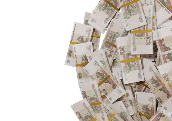 Stack Russian cash or banknotes of Rusia rubles scattered on a white background isolated The concept of Economic, Finance, Background, news, social media and texture of money 3d Rendering 100 Ruble