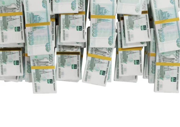 Stack Orosz Készpénz Vagy Bankjegyek Rubel Szétszórva Egy Fehér Háttér — Stock Fotó