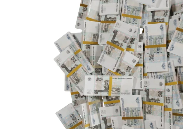 Стек Российских Денежных Средств Банкнот Русийских Рублей Разбросанных Белом Фоне — стоковое фото