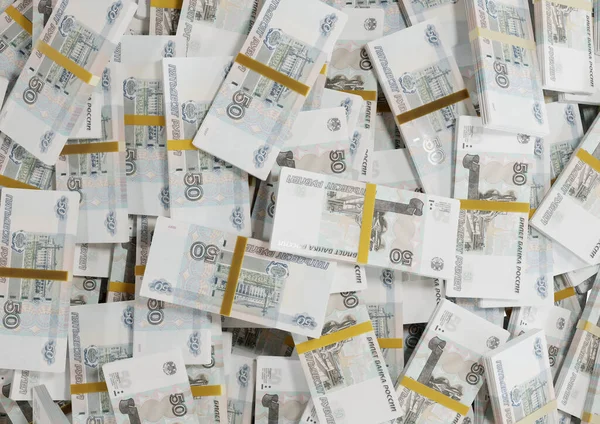 Stos Rosyjskich Gotówki Lub Banknotów Rubli Rusii Rozrzuconych Białym Tle — Zdjęcie stockowe