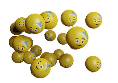 Beyaz arka planda duygu simgesi olan birçok uçan balon sosyal medya tanıtım tasarım varlıkları ve iletişim konsepti veya doğum günü şenliği partileri düğün dekorasyonları 3D resimleme