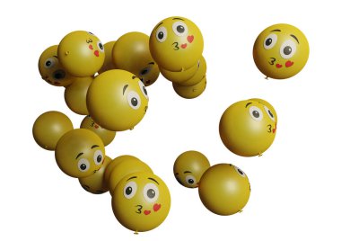 Many flying balloon with emoticon on white background Social media promotion design assets and communications concept or Birthday festive occasions parties wedding decorations 3d render illustration