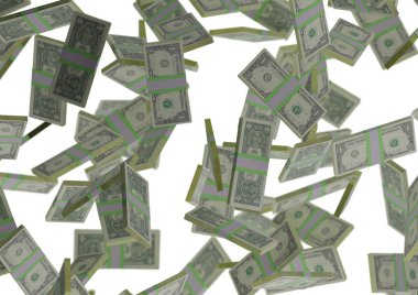 Bir dolarlık para yığını, 3D çizim, illüstrasyon, dolar banknotları arka grupta izole edilmiş.