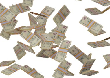 Beş dolarlık para yığını, üç boyutlu görüntüleme, illüstrasyon, arka grupta izole edilmiş dolar banknotları.