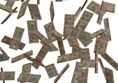 10 dolarlık para yığını, 3 boyutlu çizim, illüstrasyon, arka grupta izole edilmiş dolar banknotları.