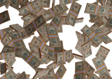 10 dolarlık para yığını, 3 boyutlu çizim, illüstrasyon, arka grupta izole edilmiş dolar banknotları.