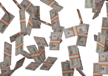 50 dolarlık para yığını, 3D çizim, illüstrasyon, dolar banknotları arka grupta izole edilmiş.