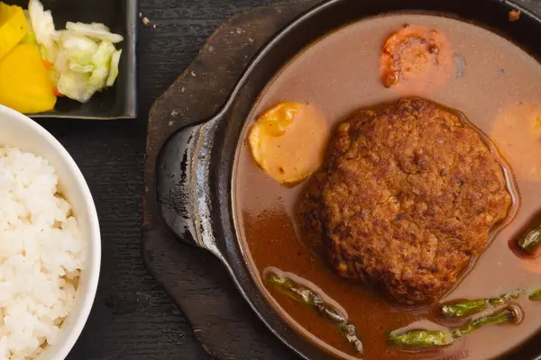 Menú Japonés Hamburguesa Cerdo Salsa Arroz Verduras — Foto de Stock