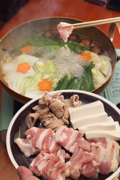 Comida Japonesa Sukiyaki Carne Verduras Fervidas Caldo — Fotografia de Stock