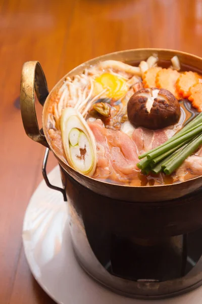 Comida Japonesa Sukiyaki Carne Verduras Fervidas Caldo — Fotografia de Stock